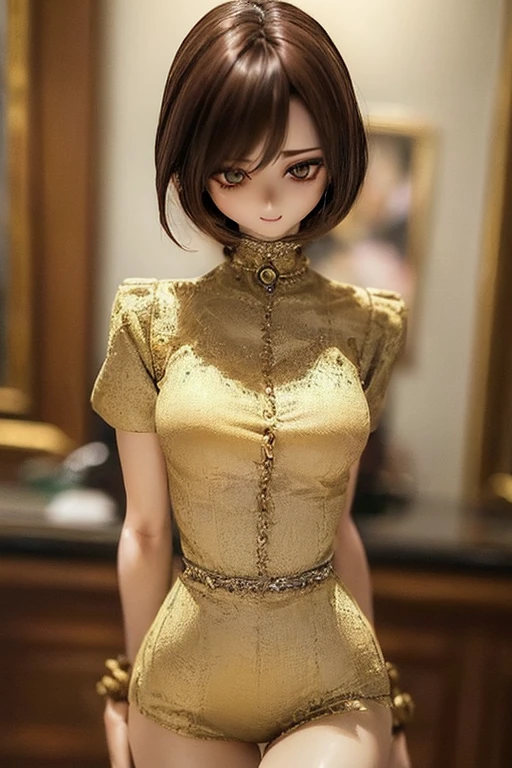 photorealistic, realistic photo, (sfw:2), ((highest quality)), ((masterpiece)), (extremely detailed), kukolnydom, doll, (mature woman:1.6), ((cowboy shot)), solo, (skinny, slender, brown hair, medium hair), dress, green eyes, almond eyes, (looking away, blank eyes, empty eyes, detailed eyes:1.3), museum, 8k