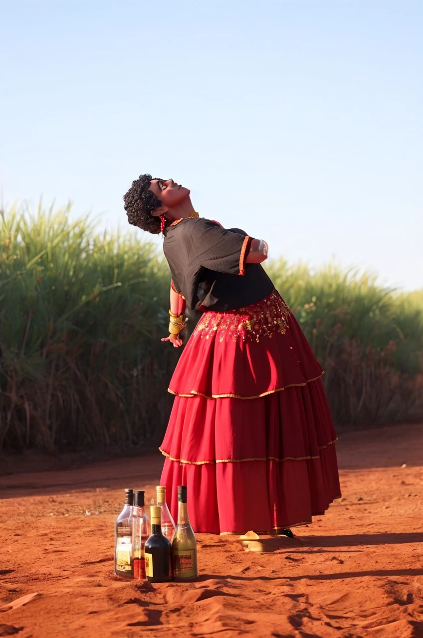 Woman with black blouse, red and gold salts, numa estrada