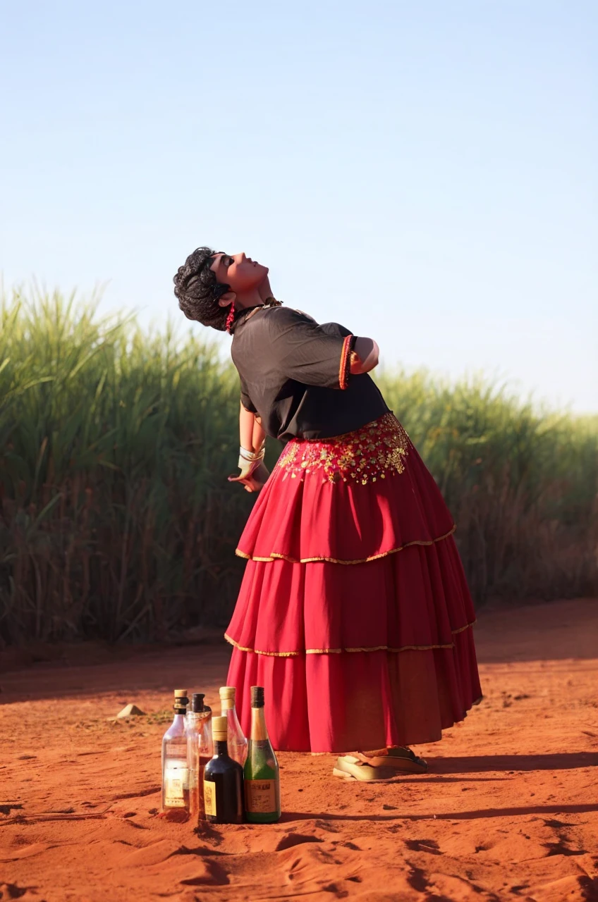 Woman with black blouse, red and gold salts, numa estrada