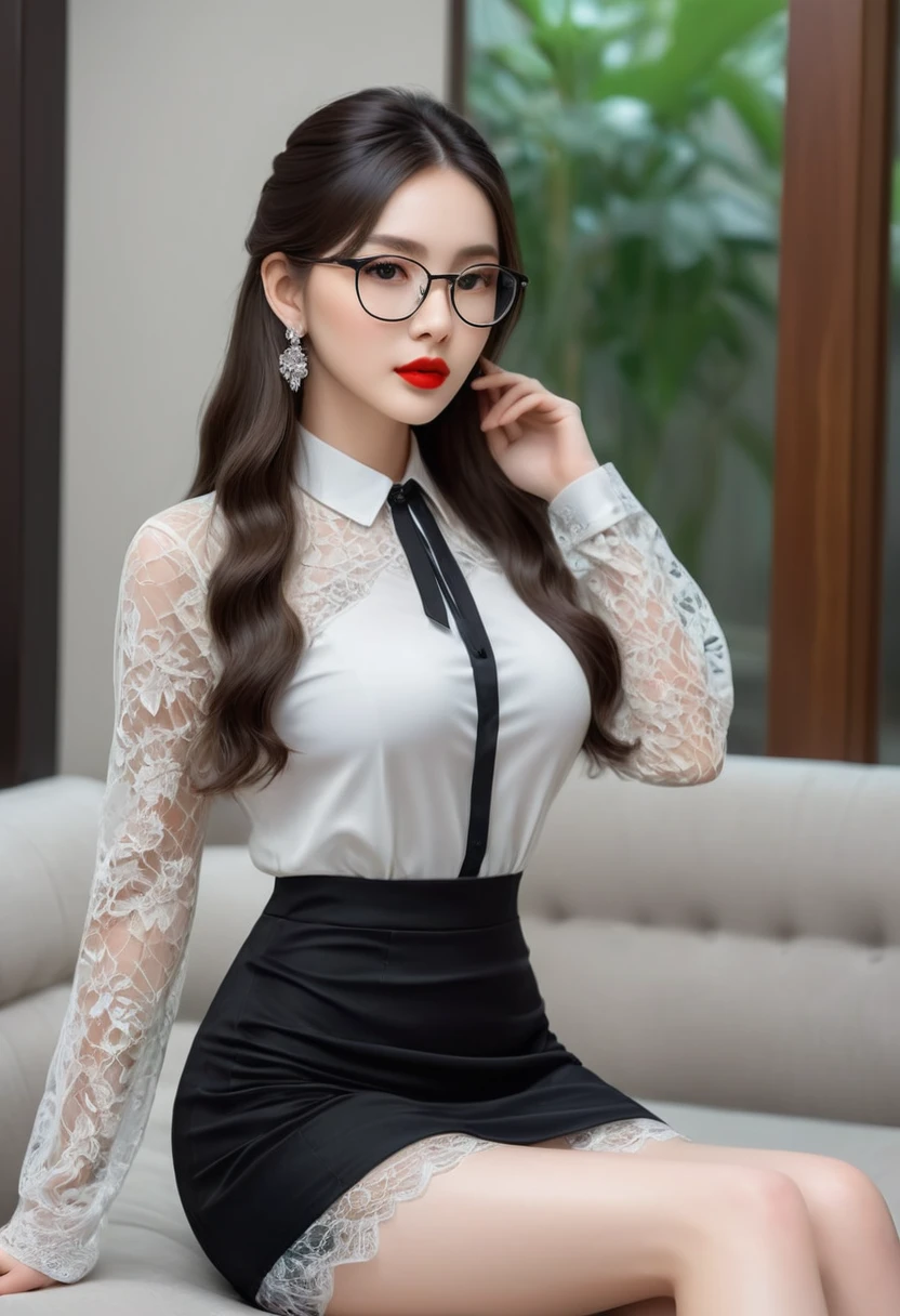 Top CG, Highest image quality, masterpiece, gentle beautiful girl, (185cm美女), (fit), Imperial sister, Queen temperament, White skin, ((long legs)), perfect facial features, Bright Eyes, Seductive pose, red lips, beautiful and cold (A major breakthrough)), beautiful and brave, soft and long hair, Shiny, lace, net, Visible through clear skin, wear glasses, Diamond earrings, Black skirt), 8k quality, (Realistic portraits), Characters fill the screen, (face lighting), ((eternity)
