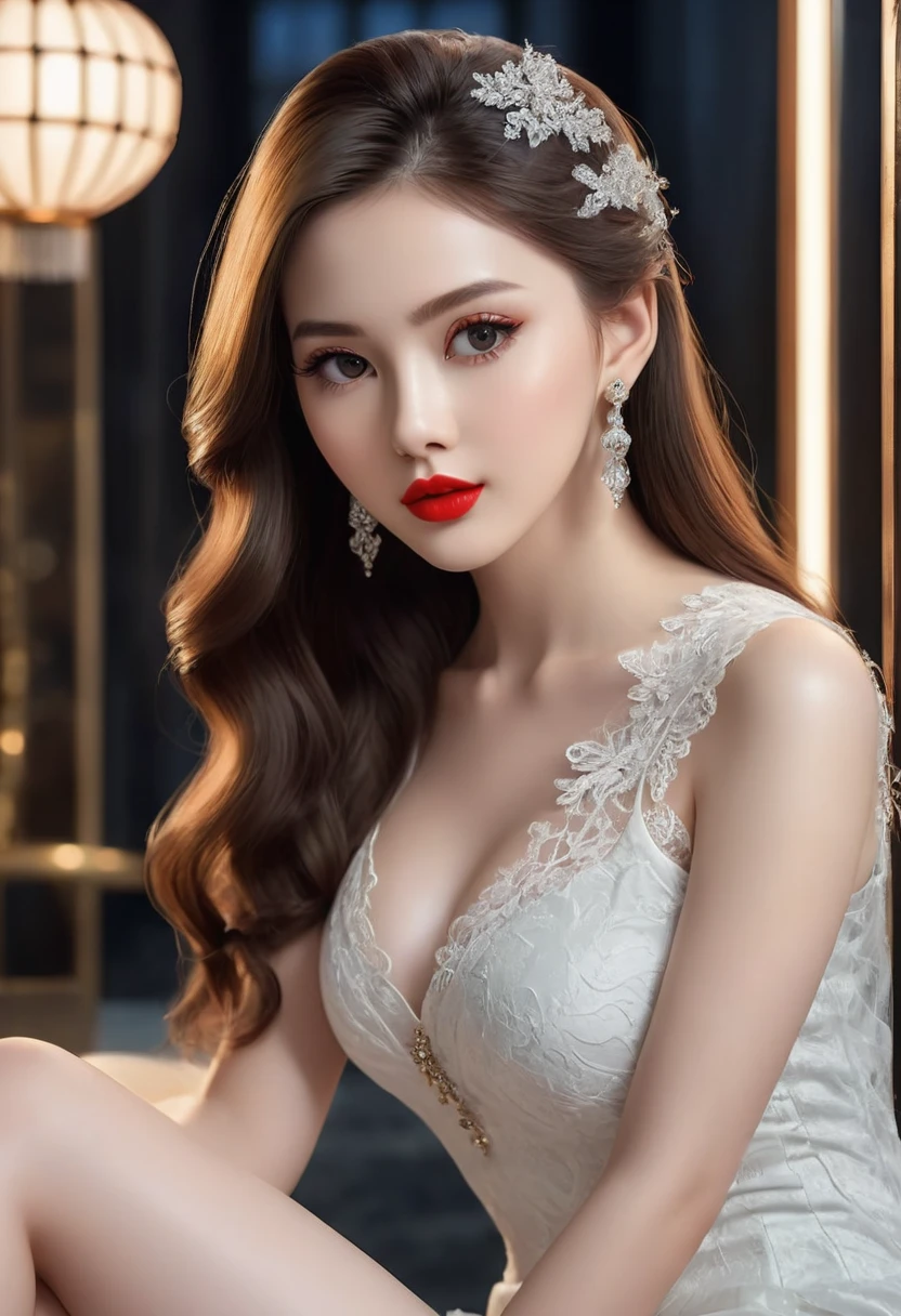 Top CG, Highest image quality, masterpiece, gentle beautiful girl, (185cm美女), (fit), Imperial sister, Queen temperament, White skin, ((long legs)), perfect facial features, Bright Eyes, Seductive pose, red lips, beautiful and cold (A major breakthrough)), beautiful and brave, soft and long hair, Shiny, lace, net, Visible through clear skin, wear glasses, Diamond earrings, Black skirt), 8k quality, (Realistic portraits), Characters fill the screen, (face lighting), ((eternity)
