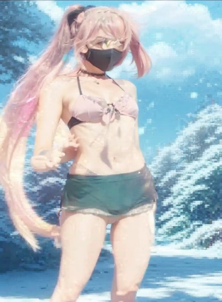 Sexy bikini girl, black mask, long pink hair, beatiful, snow background