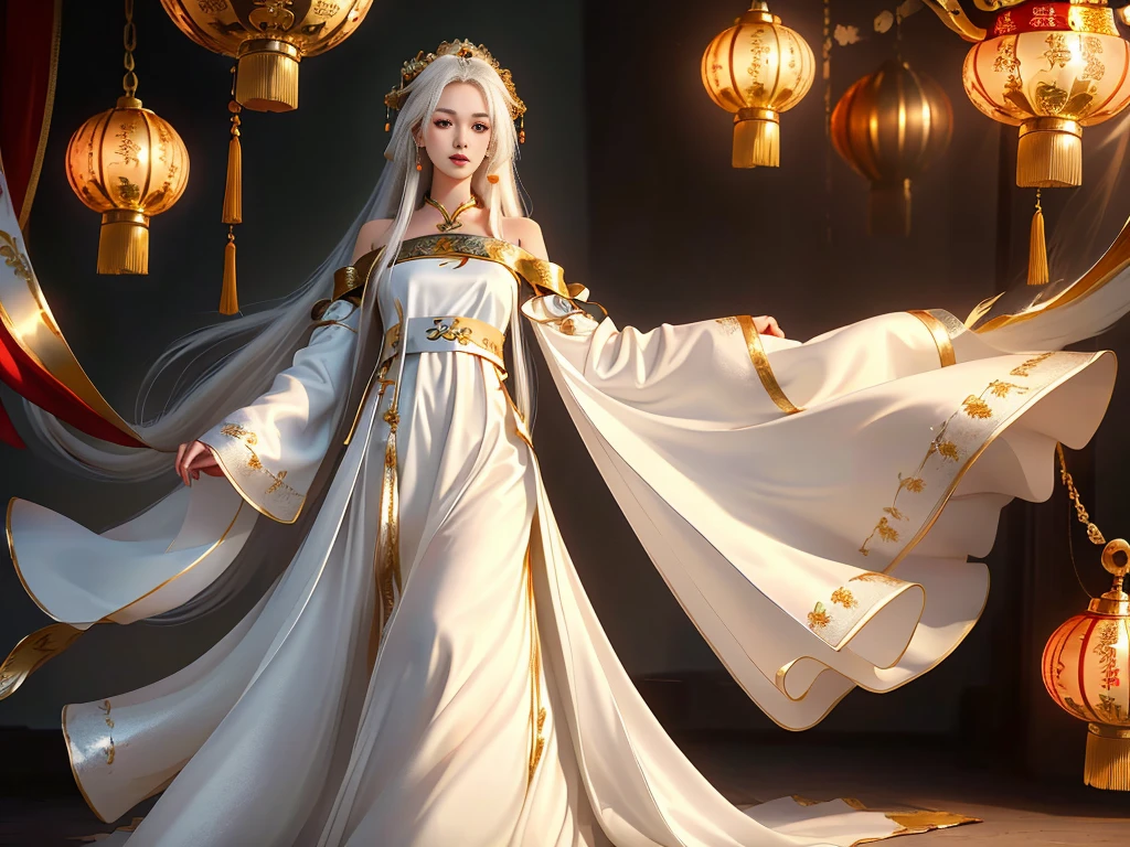 Girl in traditional Chinese clothing, Hanfu, Guzhen Hanfu women, White Hanfu,(long straight white hair:1.5), black eyes, black bun hairstyle, hair accessories ,white diamond earrings, Bangle Diameter, Dia Necklace, Clear eyes, Facing forward,put on makeup, Long eyelashes ,(gold long shoulder coat:1.5), (Very long skirt, white:1.5), ((Whole body)), ((from below)), Clear face, , (Very beautiful face, Beautiful mouth, beautiful eyes), detailed face, ((Ultra-fine skin)), In the dark, deep shadows, an ancient Chinese girl (Very slim figure 1.3) ,Plump breasts, elegant posture ,(palace in the sky:1.5),