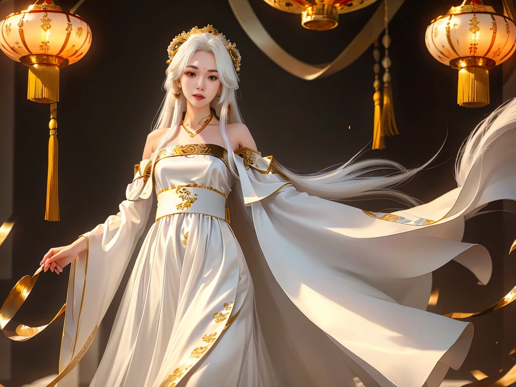 Girl in traditional Chinese clothing, Hanfu, Guzhen Hanfu women, White Hanfu,(long straight white hair:1.5), black eyes, black bun hairstyle, hair accessories ,white diamond earrings, Bangle Diameter, Dia Necklace, Clear eyes, Facing forward,put on makeup, Long eyelashes ,(gold long shoulder coat:1.5), (Very long skirt, white:1.5), ((Whole body)), ((from below)), Clear face, , (Very beautiful face, Beautiful mouth, beautiful eyes), detailed face, ((Ultra-fine skin)), In the dark, deep shadows, an ancient Chinese girl (Very slim figure 1.3) ,Plump breasts, elegant posture ,(palace in the sky:1.5),
