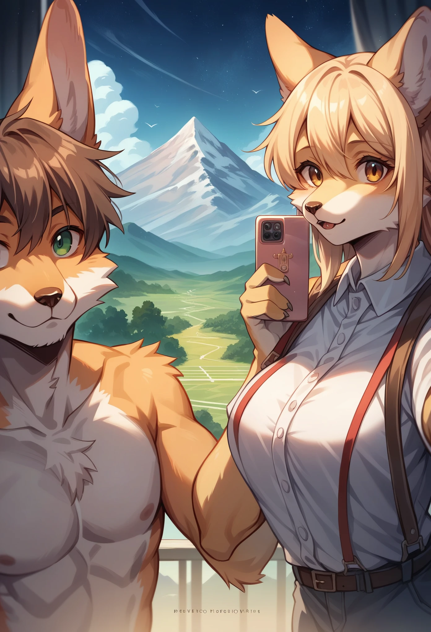 top quality, best quality, High-quality illustrations, masterpiece, super high resolution, detailed background, detailed background, Mountain railways in Switzerland, group shot, boys, girls, night sky, absurdres(highly detailed beautiful face and eyes)perfect anatomy(Photo of family trip)(kemono, furry anthro)selfie,