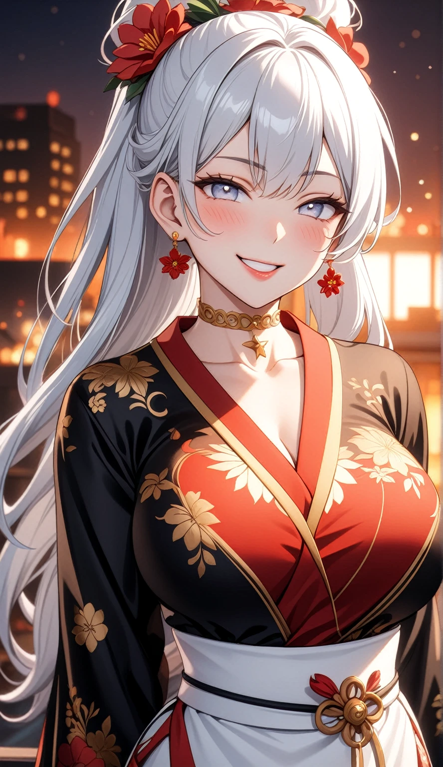 ((One personの女性)), Beautiful Face, (Laughing embarrassedly), (naughty face:1.2),((Wink:1.9)), (head tilt:1.3), Laugh with your mouth wide open, upper teeth, ((Bright red cheeks:1.4)),Shiny red lips,rooftop, firework, Glossy red lips,Lighting on the face, ((Anime style background)),masterpiece, Highest quality, so beautiful,up to date, Complex details, (Pink long nails),(ring),(bracelet),(Floral choker),AI-generated, Complex,High resolution, Highest quality, super high quality,3D Images、3D Images,One person,Long white hair,High Ponytail, Anime woman posing for a photo,(blue eyes), ((Fine grain、Silvery white colorful eyes、Shining Eyes:1.3)), (Squint your eyes:1.1),a hyperRealistic , hyperRealistic , Realistic,Anime woman with long white hair, Smooth anime CG art, A woman in a colorful kimono with gold embroidery, (Black long sleeve kimono),Red floral pattern,Long flower hair ornament,Earrings,Mature Body,(Big Breasts:1.1),Tall,Abdominal muscles,Tight waist,(Zoom up to face:1.4), (front view),