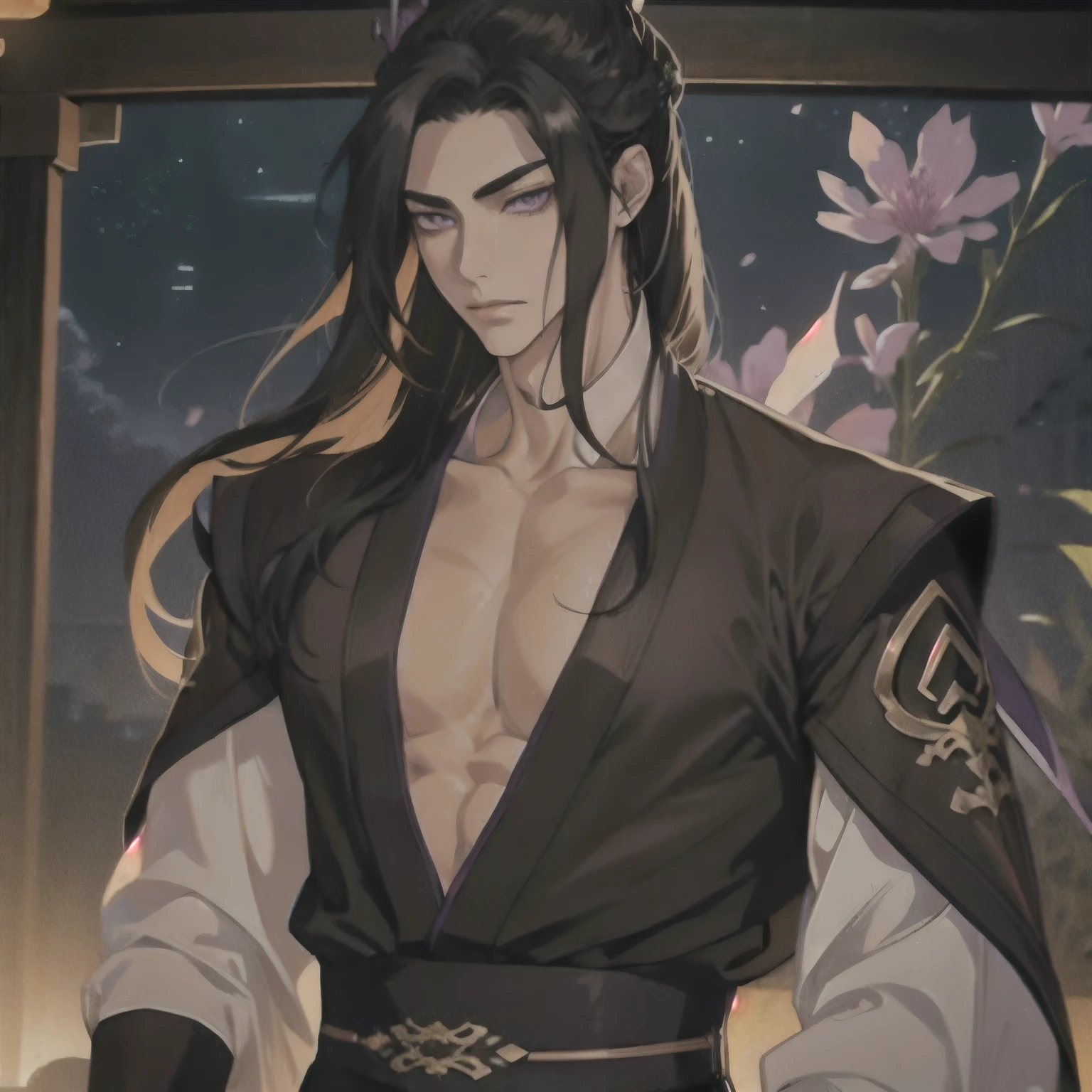 (masterpiece, best quality:1.2), 1male, solo, jiang cheng, mo dao zu shi, mdzs, clothes off, purple eyes, long black hair, perfect anatomy, nudity