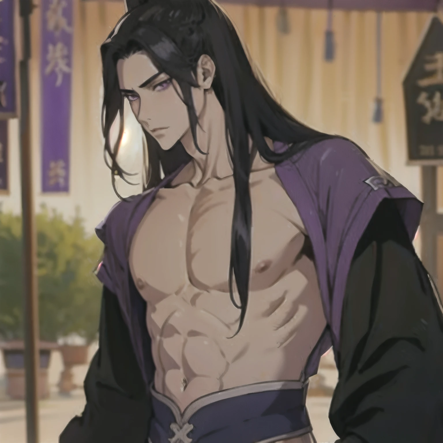(masterpiece, best quality:1.2), 1male, solo, jiang cheng, mo dao zu shi, mdzs, clothes off, purple eyes, long black hair, perfect anatomy, nudity