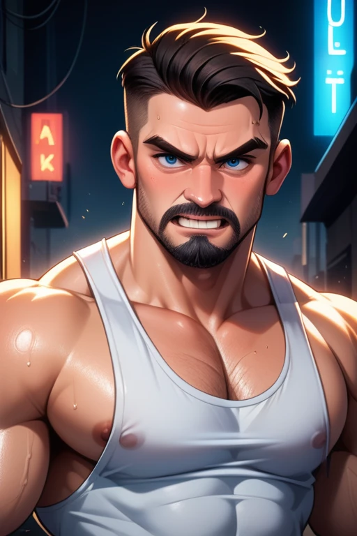 45 year old man(cobalt blue eyes; middle-aged; salt-and-pepper crew cut; epic square jawline; rough; rugged; muscular and imposing; incredible beard; masculine; round-faced, Kurt Russell), Disney-style cgi, futuristic; dystopian; best quality; high detail; trending on artstation; complex volumetric lighting; grungy white tank top; 80s action hero; sweaty; grimy; upper body shot; cop who plays by his own rules; firing a gun in a neon-lit alley; gruff; angry