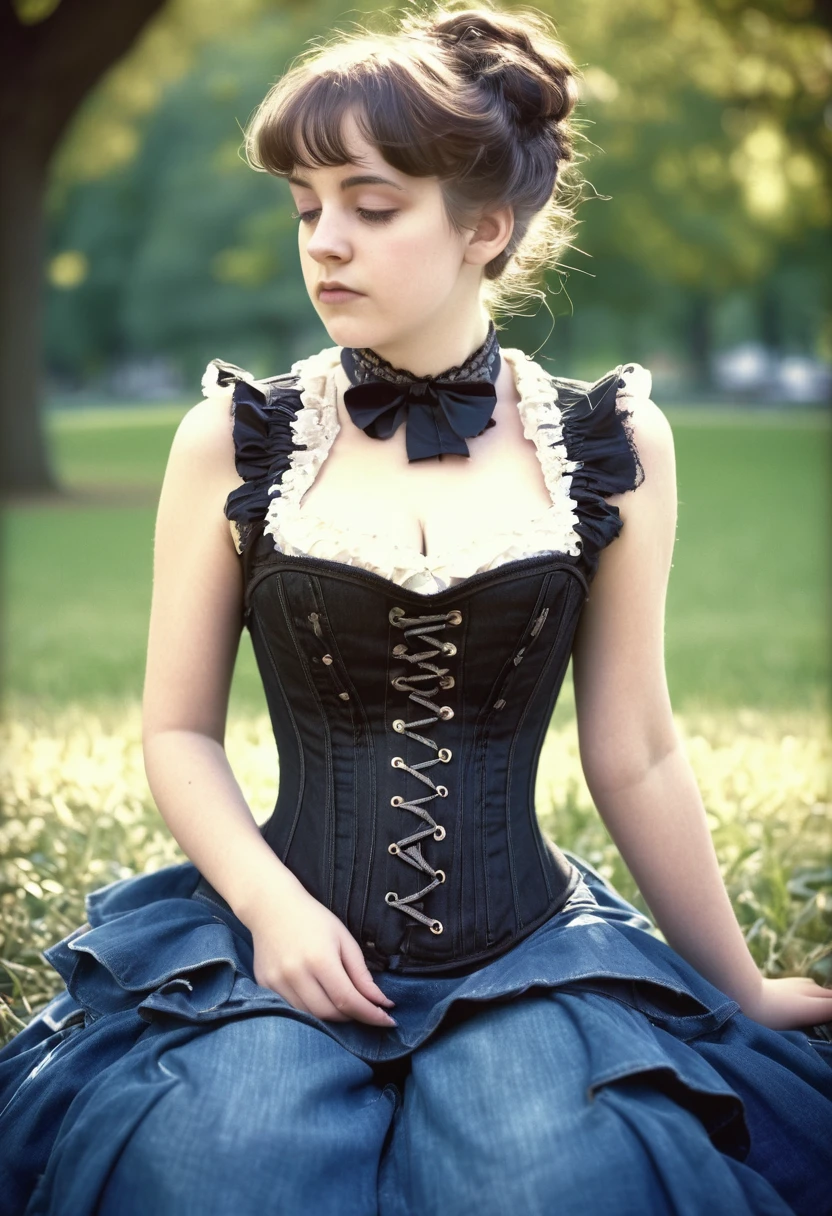 close-up, helpless shy ordinary , victorian hairstyle, saggy breasts, flared (Victorian corset and jeans with flounce), deeply sitting on her back in the park, 19th century photo, deep focus, vintage film grain, color correction retro style, soft lighting, ((in victorian corset and jeans with flounce))
