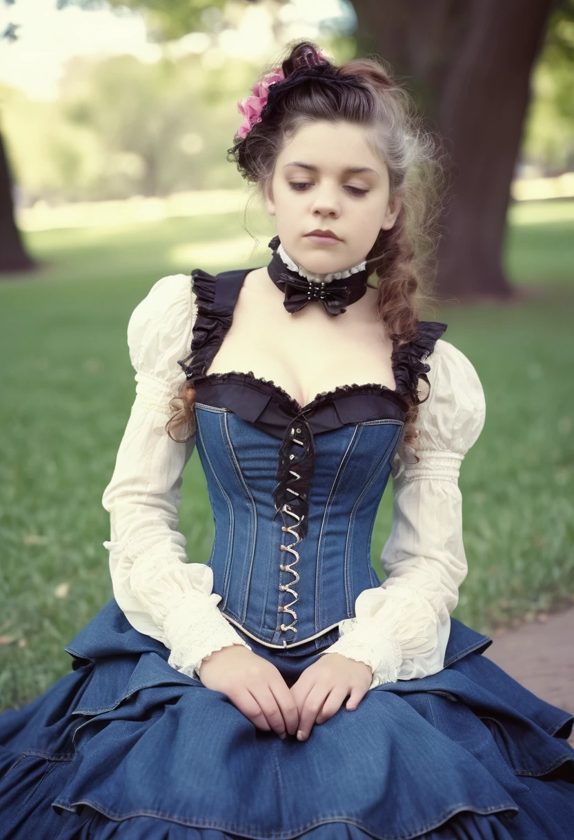 close-up, helpless shy ordinary , victorian hairstyle, saggy breasts, flared (Victorian corset and jeans with flounce), deeply sitting on her back in the park, 19th century photo, deep focus, vintage film grain, color correction retro style, soft lighting, ((in victorian corset and jeans with flounce))