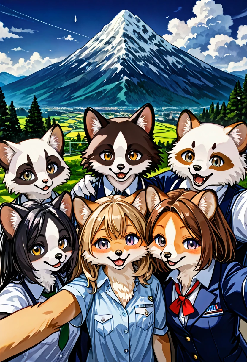 top quality, best quality, High-quality illustrations, masterpiece, super high resolution, detailed background, detailed background, Mountain railways in Switzerland, group shot, boys, girls, night sky, absurdres(highly detailed beautiful face and eyes)perfect anatomy(Photo of family trip)(kemono, furry anthro)selfie,