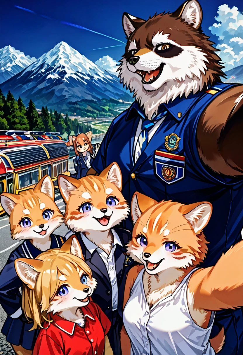 top quality, best quality, High-quality illustrations, masterpiece, super high resolution, detailed background, detailed background, Mountain railways in Switzerland, group shot, boys, girls, night sky, absurdres(highly detailed beautiful face and eyes)perfect anatomy(Photo of family trip)(kemono, furry anthro)selfie,