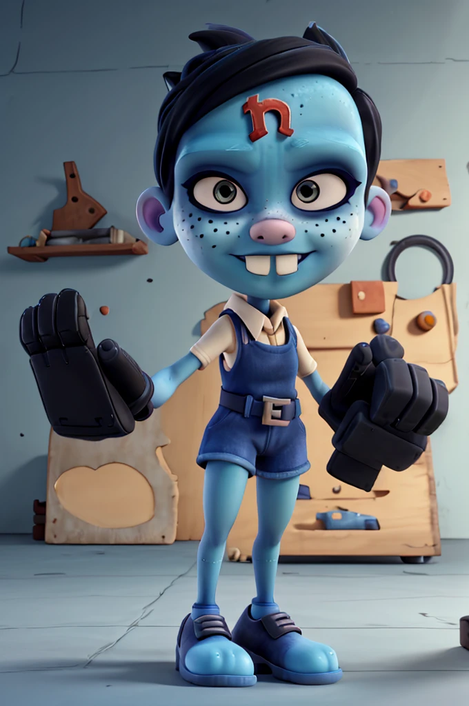 barefeet, five-toed feet, nina cortex, short black hair, blue skin, freckles, black eyes, buck teeth, mechanical gloves, forehead mark 'n', nina, feet