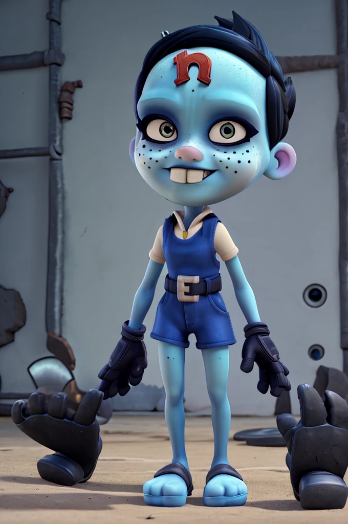 barefeet, five-toed feet, nina cortex, short black hair, blue skin, freckles, black eyes, buck teeth, mechanical gloves, forehead mark 'n', nina, feet