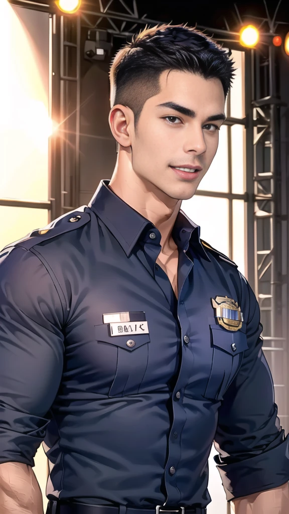 handsome man  sit on the table ,(crew cut short hair:1.2),black eye,smile,open mouth
(navy police uniform:1.2),(shirt short sleeves:1.2),collar,(shirt covered over:1.2),(name tag and Police badge:1.2),(shirt no buttons:1.1),(black_gloves:1.3),
(Navy blue cargo:1.2),Korean guy,korean men,(High gloss details),(chest muscles:1.2),(large arm muscles:1.2),blood vessel,Big muscles,Broad shoulders,looking at the audience,Balancing the eyes,middle of the road,(stage:1.4),