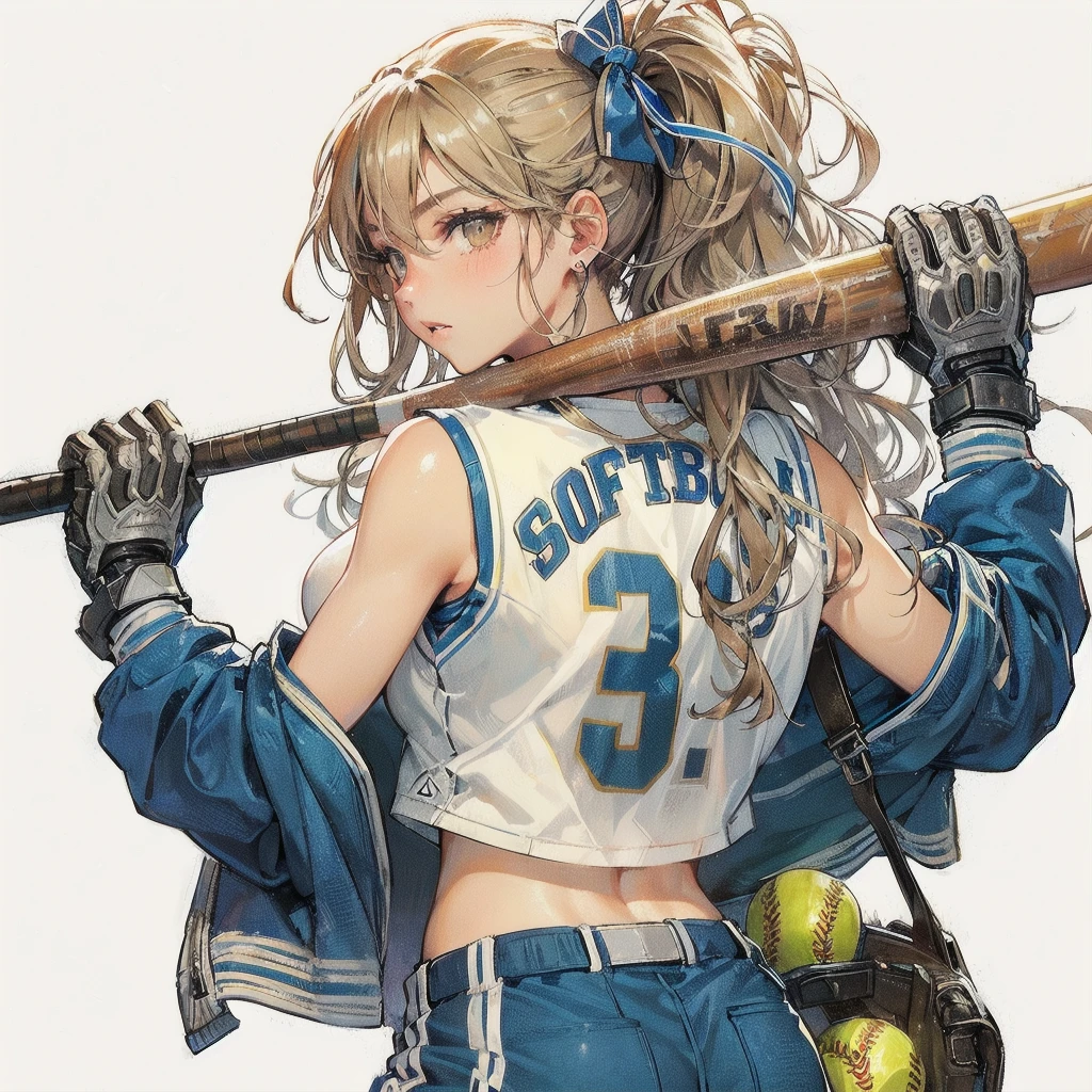 masterpiece, (textured skin), best quality, gorgeous beautiful girl, (a female softball athlete), detailed clothes,large breasts,narrow waist,, (beautiful face), cinematic lighting, (at softball venue ),