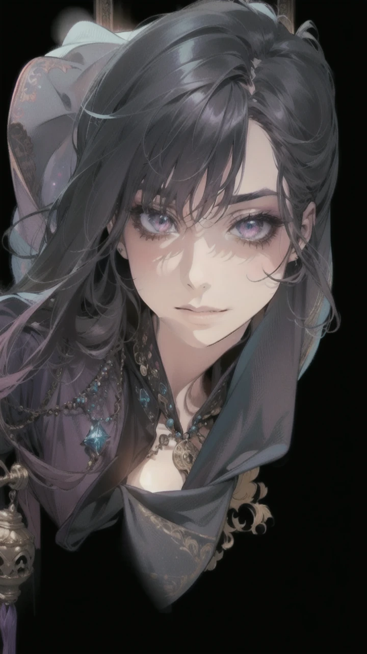 (masterpiece, top quality, best quality, official art, beautiful and aesthetic:1.2), (1girl:1.3), wavy long hair, light purple hair, extremely detailed, portrait, looking at viewer, solo, (full body:0.6), detailed background, close up, glowing eyes, (cold arctic winter theme:1.1), fortune teller, charlatan, smirk, mysterious, sitting at table, colorful shoulderless loose gypsy fortune teller clothes, chalice, tarot cards, crystal ball, medieval (tent interior:1.1) background, tent curtains in background, dark mysterious lighting, shadows, magical atmosphere, starry night,, dutch angle