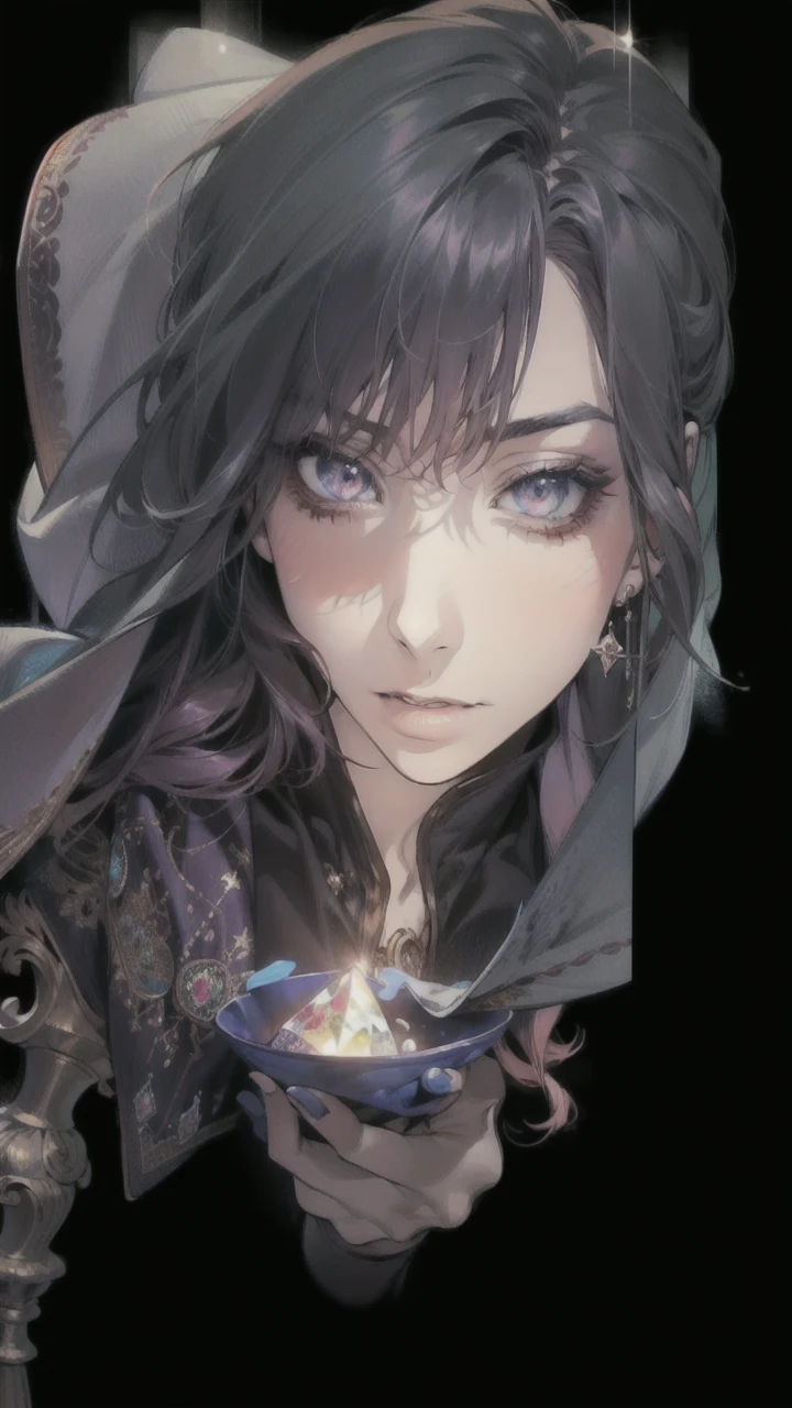 (masterpiece, top quality, best quality, official art, beautiful and aesthetic:1.2), (1girl:1.3), wavy long hair, light purple hair, extremely detailed, portrait, looking at viewer, solo, (full body:0.6), detailed background, close up, glowing eyes, (cold arctic winter theme:1.1), fortune teller, charlatan, smirk, mysterious, sitting at table, colorful shoulderless loose gypsy fortune teller clothes,      chalice,   tarot cards, crystal ball,  medieval (tent interior:1.1) background, tent curtains in background, dark mysterious lighting, shadows, magical atmosphere, starry night,, dutch angle