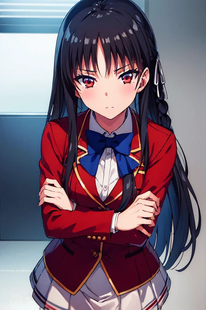 (masterpiece, best quality:1.5), (ultra detailed:1.4), super fine illustration, perfect anatomy, 8k portrait,
1girl,
Suzune Horikita, 
Suzune Horikita \(youjitsu\),
long hair, braid, 
black hair, 
red eyes, slant eyes, small eyes, 
blue bow, 
(medium breasts:0.9), 
red jacket, pleated skirt, black thigh-high socks,
looking at viewer, 
cowboy shot, 
perfect light, 