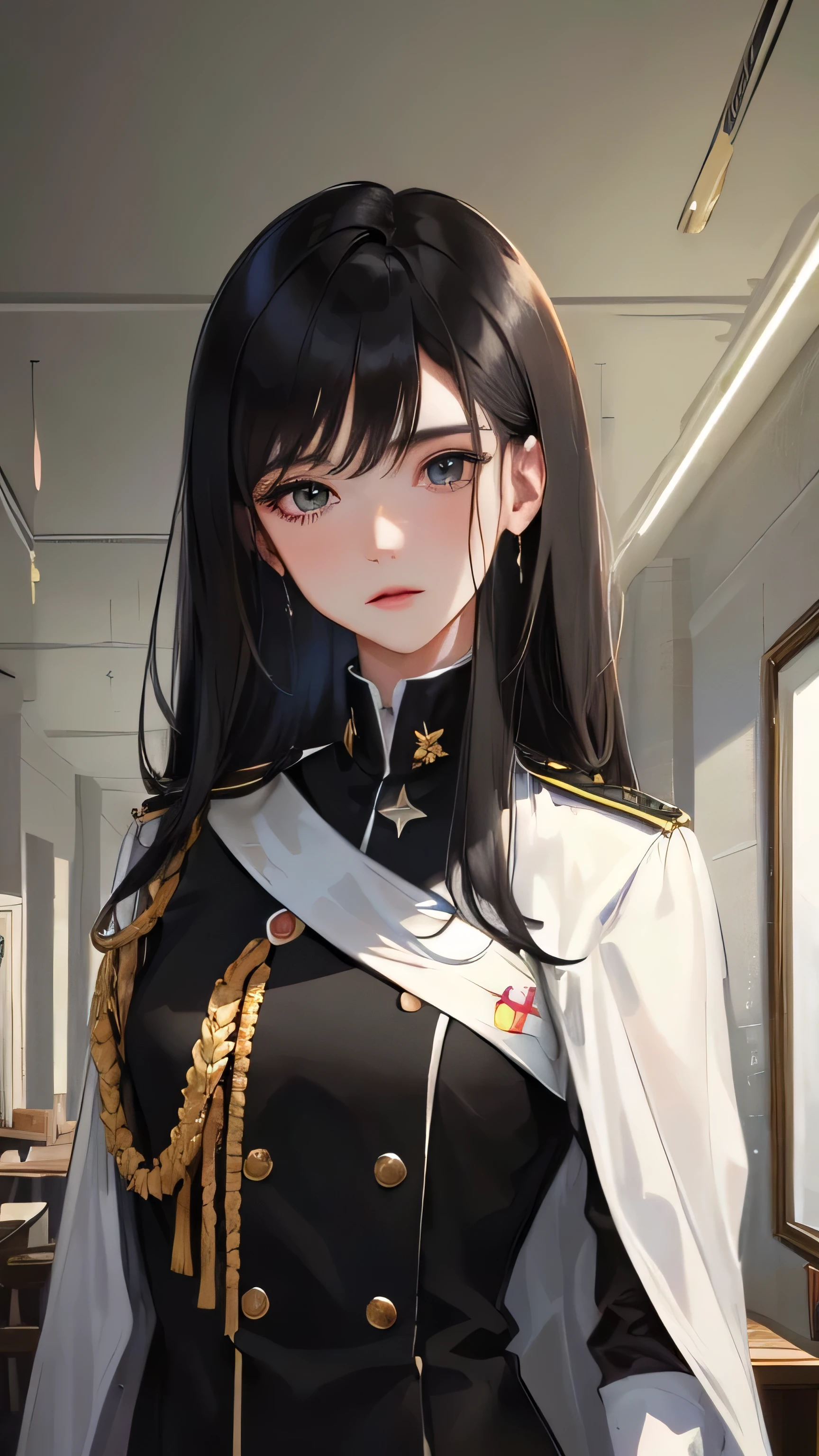 (highest resolution, distinct_image) best quality, woman, masterpiece, high detail, semi-realistic, short black hair, black hair, bangs, 21 years old, shoulder-length hair, mature, young, black clothes, black uniform, military academy beauty heroic heroic posture interior background exquisite and exquisite facial features