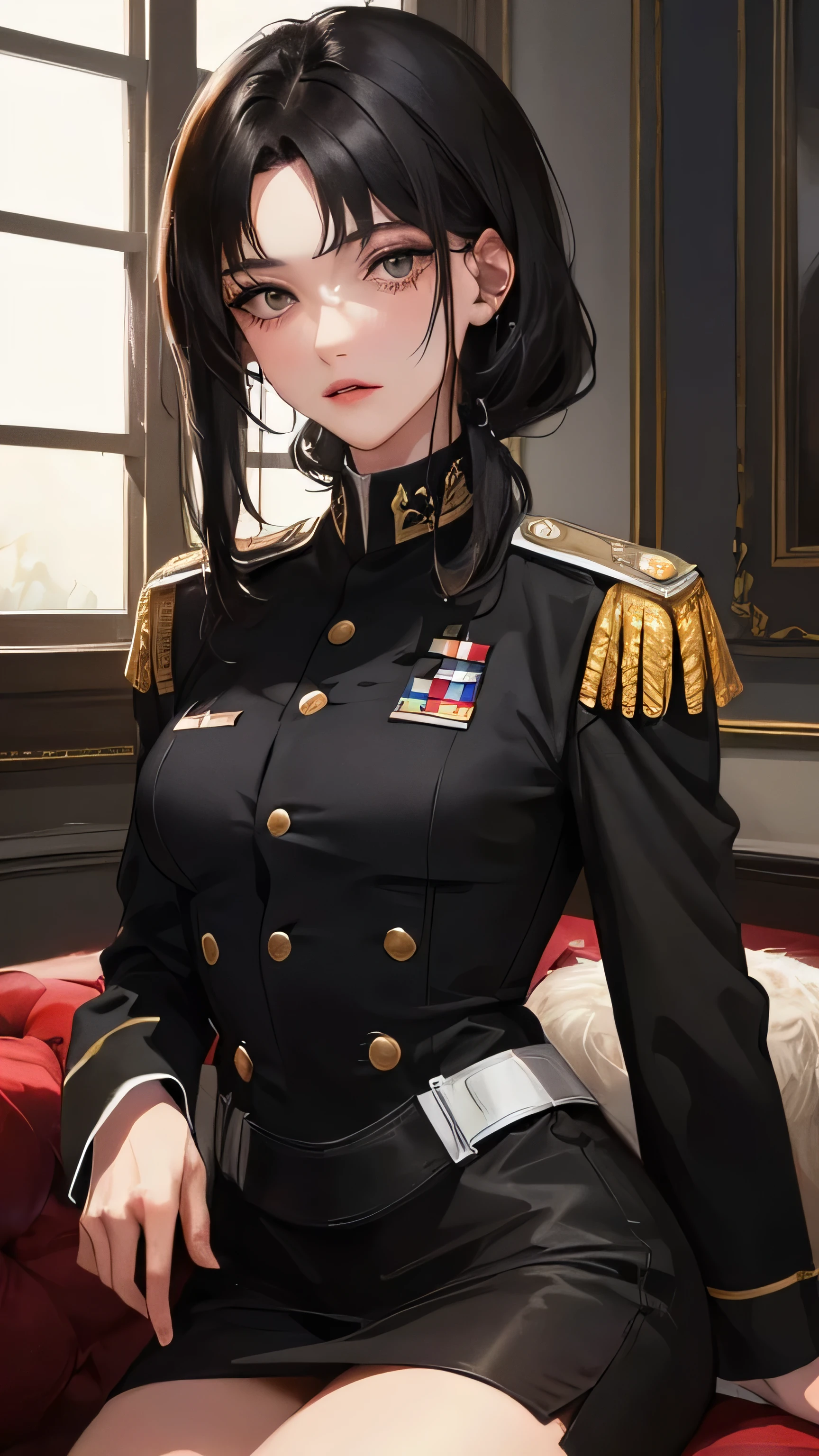 (highest resolution, distinct_image) best quality, woman, masterpiece, high detail, semi-realistic, short black hair, black hair, bangs, 21 years old, shoulder-length hair, mature, young, black clothes, black uniform, military academy beauty heroic heroic posture interior background exquisite and exquisite facial features