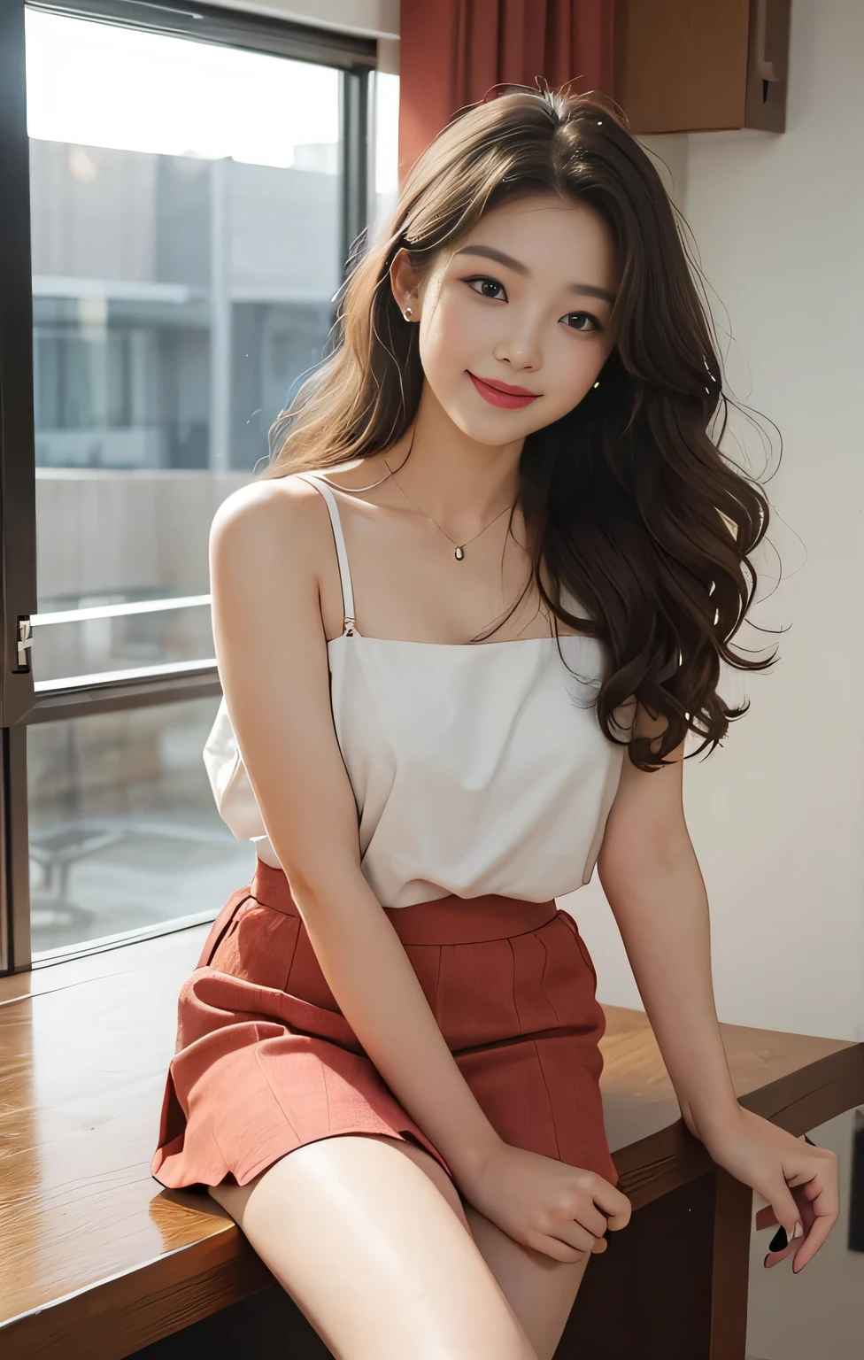 Highest quality、masterpiece、Ultra-high resolution、Realistic、RAW Photos、1 Girl、Sexy Looks、Shoulder hair、The lower half of the body is curled up and wild...、Cute Smile like a model、frontage、hair color is blonde、Red tight mini skirt、Regular high heels、Double Eyes、Apply mascara、Cute pose like a model、Cute face、Gorgeous as a model、Ultimate beauty、Cute Smile、Bright smile、Masseter region、Highest quality、Office lady style mini skirt suit、Dubai'Beautiful cityscape、Very cute sexy girl、