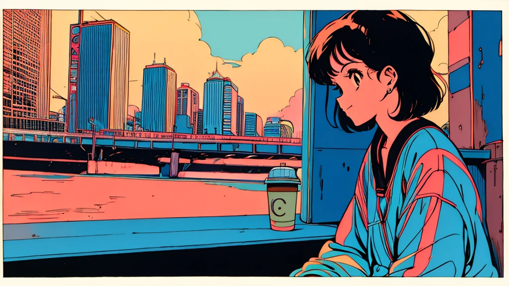 Retro、citypop、90s、Dynamic Angle, Stylish、headphone、coffee