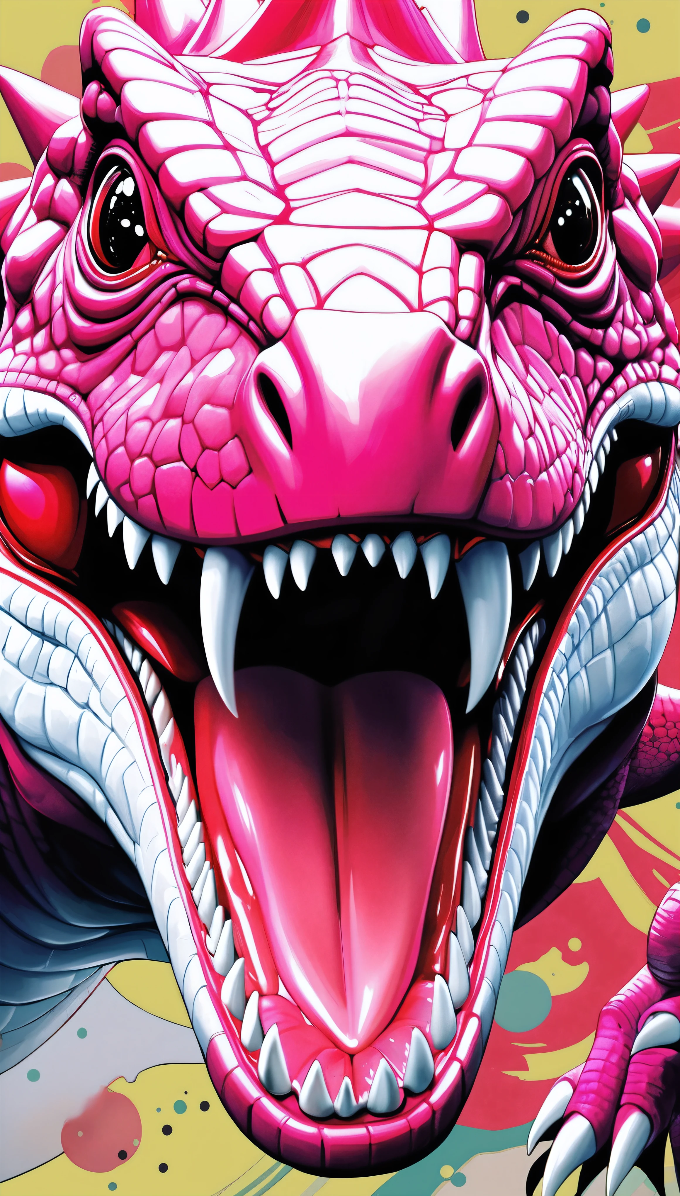 History-style cyber pop art:Kabuki-style Pink Dinosaur, BREAK Detailed and realistic texture, Pink Dinosaur, BREAK Exquisite and realistic dinosaur facial expressions, Very large, Turn towards the viewer with a bold and dynamic movement, BREAK, Tearing the viewer apart with his paws, Sharp claws on front feet, Dynamic and powerful composition, historical works of art, BREAK Transparent fluorescent pink coating, BREAK Please do not imagine from cute and exciting colors。 BREAK Ukiyo-e style transparent watercolor, Professional spray work, Delicate nanotechnology particles, BREAK (((Trying to eat the viewer,:Open your mouth wide:loooking at viewer))), BREAK Ultra-realism, Realism, Raw photo, dynamic shot, In sharp focus、Create compelling and powerful images