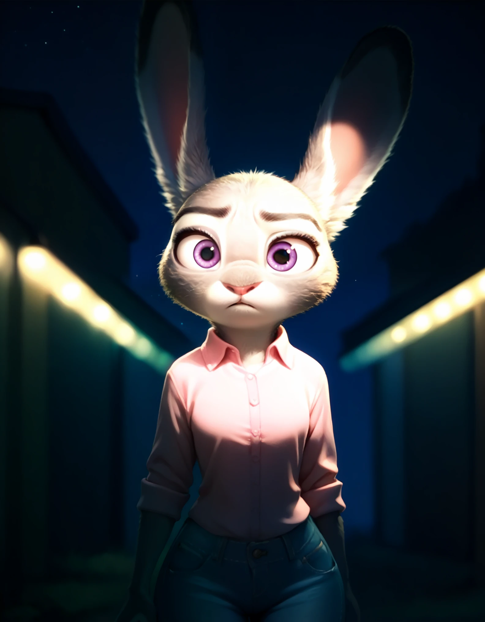 score_9, score_8_up, score_7_up, score_6_up, source_furry, judyhopps confused, dark, night, backlighting, solo, pink shirt, jeans, arms at sides, front view, portrait 