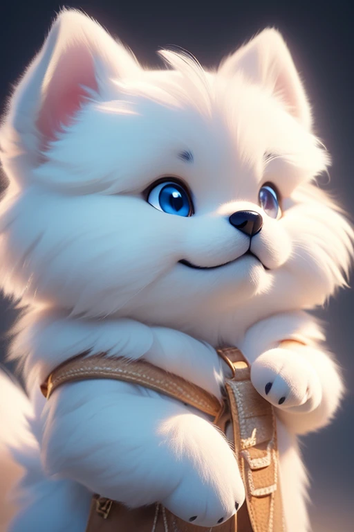 a cute, fluffy, white pomeranian dog holding a bag, detailed dog face, expressive eyes, adorable, soft fur, photorealistic, 8k, best quality, highly detailed, realistic lighting, studio lighting, cinematic, warm colors, natural setting