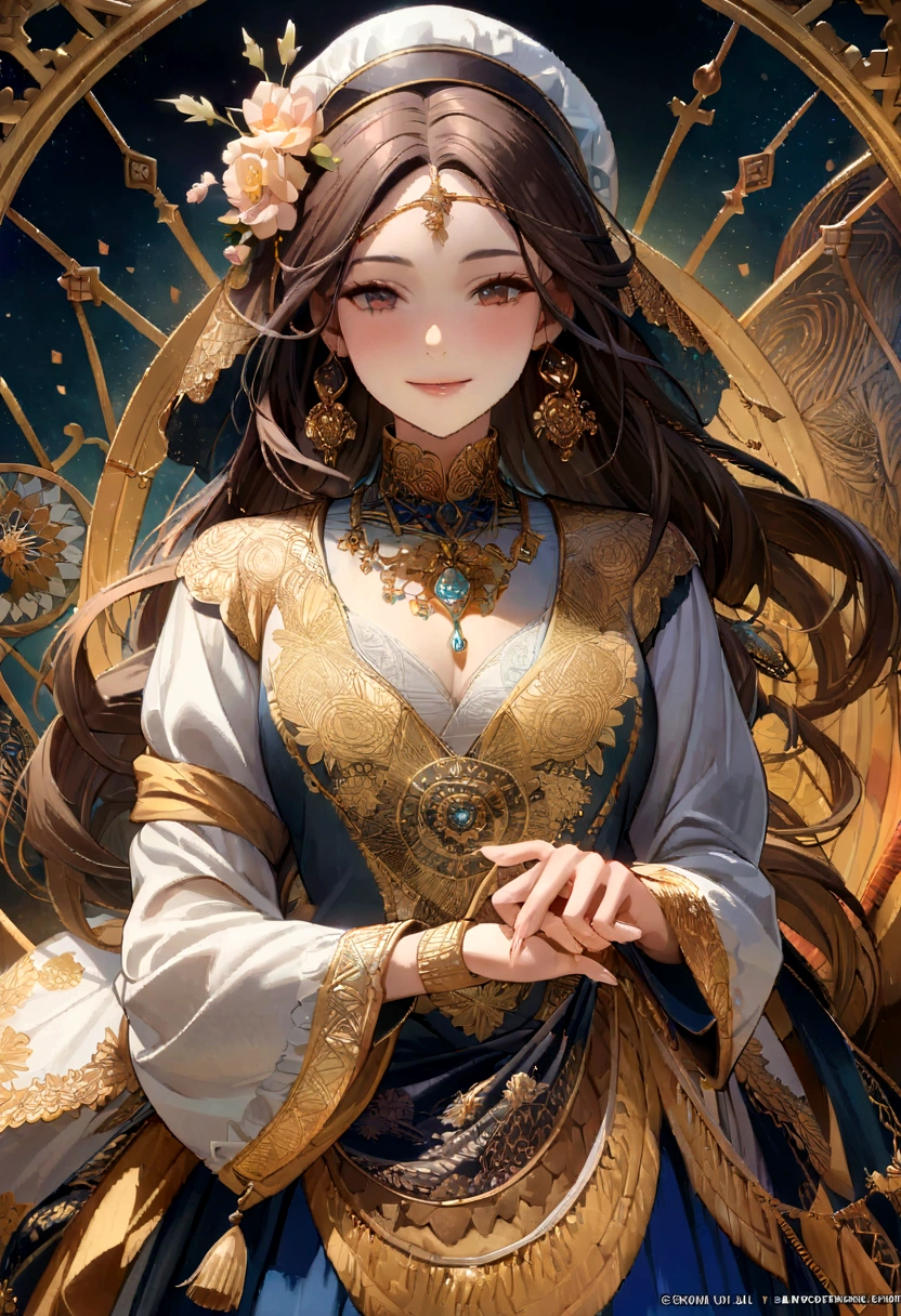 (masterpiece, Highest quality, Highest quality, Official Art, beautiful and aesthetic:1.2), (One girl), Very detailed,colorful,Most detailed, Official Art, unity 8k wallpaper, Super detailed, beautiful and aesthetic, beautiful, masterpiece, Highest quality, (zenTangle, Mandala, Tangle, enTangle) ,Holy Light,Gold foil,Gold leaf art,Sparkly Painting, Perfect NwsjMajic