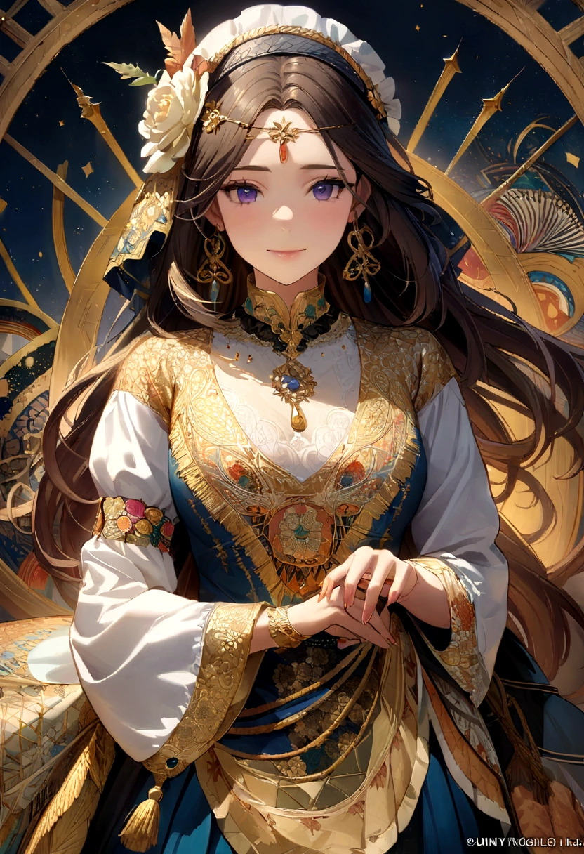 (masterpiece, Highest quality, Highest quality, Official Art, beautiful and aesthetic:1.2), (One girl), Very detailed,colorful,Most detailed, Official Art, unity 8k wallpaper, Super detailed, beautiful and aesthetic, beautiful, masterpiece, Highest quality, (zenTangle, Mandala, Tangle, enTangle) ,Holy Light,Gold foil,Gold leaf art,Sparkly Painting, Perfect NwsjMajic