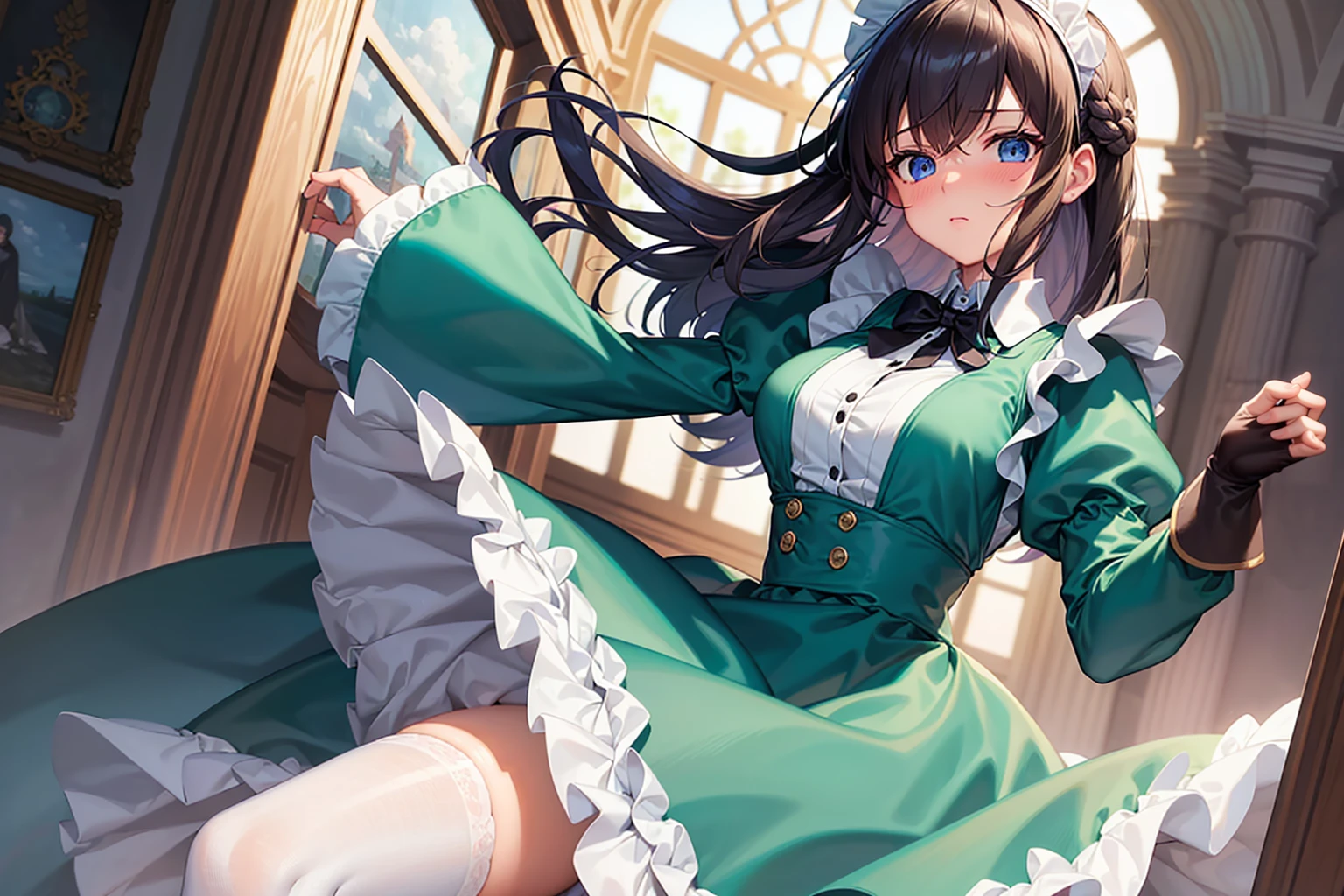 masterpiece, best quality,1girl, solo,whtie hair,medium hair,blue eyes,long sleeves,juliet sleeves,apron,maid,maid headdress,puffy sleeves,green dress,vest,buttons, white thighhighs,standing, looking at viewer, nose blush,