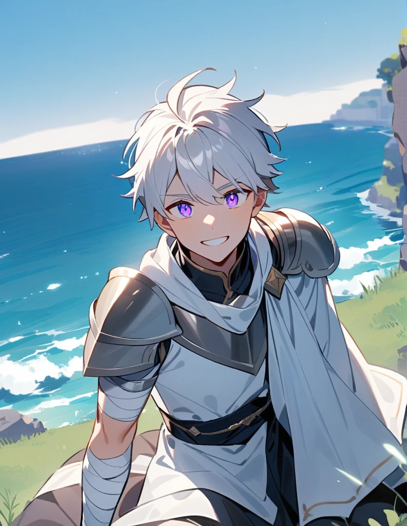 Greek boy with long white hair, with violet eyes, with one arm covered in bandages, with silver shoulder pads and giving a relieved smile while sitting on a hill facing the ocean
