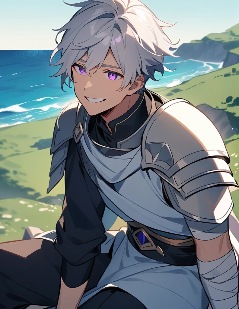 Greek boy with long white hair, with violet eyes, with one arm covered in bandages, with silver shoulder pads and giving a relieved smile while sitting on a hill facing the ocean