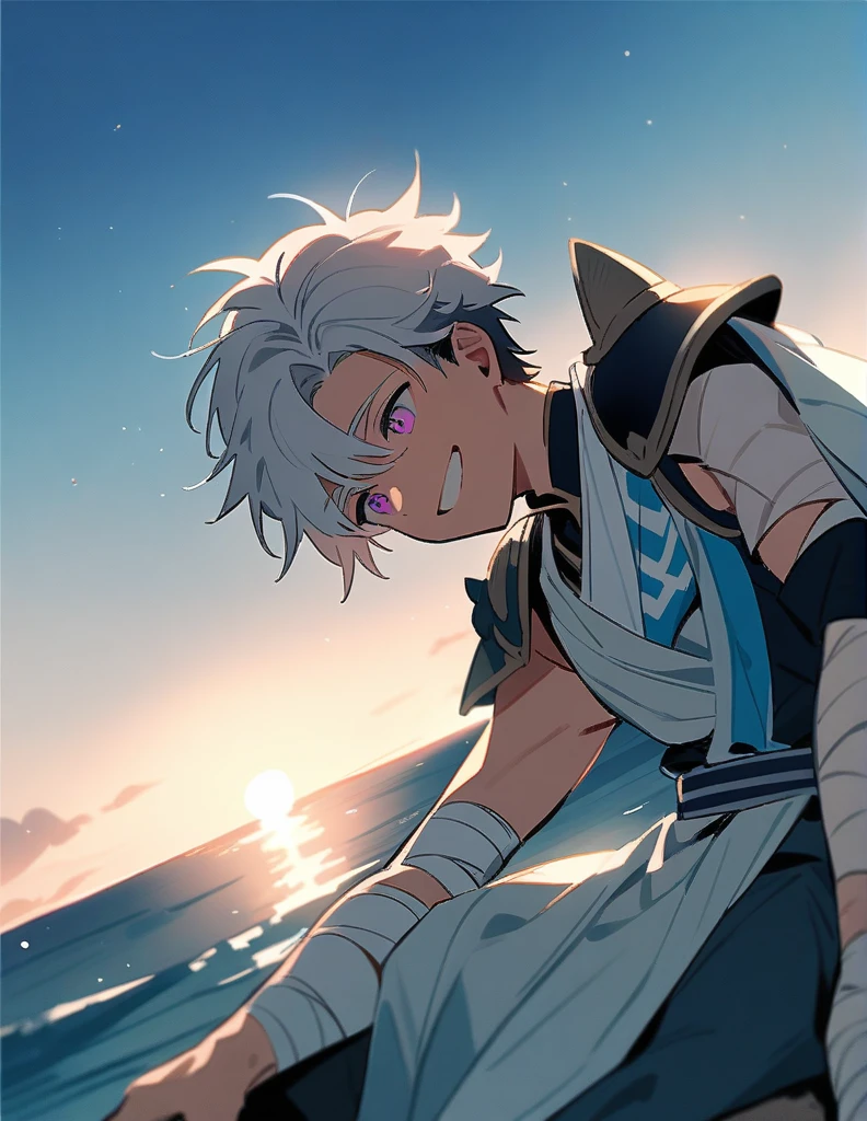 Greek boy with long white hair, with violet eyes, with one arm covered in bandages, with silver shoulder pads and giving a relieved smile while sitting on a hill facing the ocean
