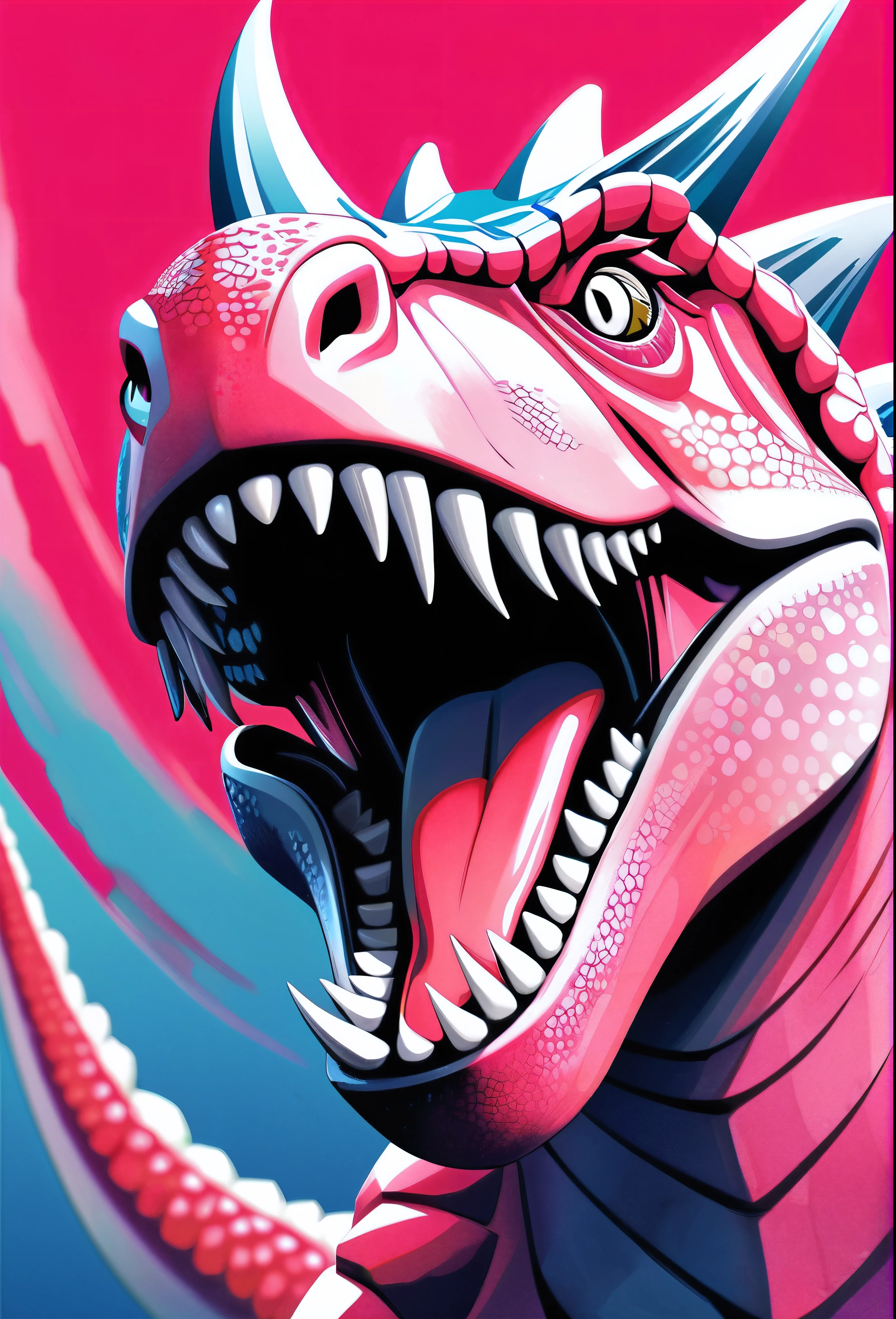 History-style cyber pop art:Kabuki-style Pink Dinosaur, BREAK Detailed and realistic texture, Pink Dinosaur, BREAK Exquisite and realistic dinosaur facial expressions, Very large, Turn towards the viewer with a bold and dynamic movement, BREAK, Tearing the viewer apart with his paws, Sharp claws on front feet, Dynamic and powerful composition, historical works of art, BREAK Transparent fluorescent pink coating, BREAK Please create a work that is different from what you would imagine from the cute and stimulating colors.。 BREAK Ukiyo-e style transparent watercolor, Professional spray work, Delicate nanotechnology particles, BREAK (((Trying to eat the viewer,:Open your mouth wide:loooking at viewer))), BREAK Ultra-realism, Realism, Raw photo, dynamic shot, In sharp focus、Create compelling and powerful images