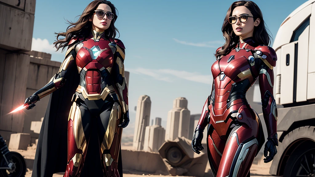 Gal Gadot a hyperrealistic, 25 year old detailed mature woman, DARK hair, fell, nice hair , Red lips, Glasses, Ironman-Costume , War machine; On the battlefield, guapox seins, Slender waist, hourglass figure, black tights , guapo, absolutely breathtaking, Seductive look into the camera,