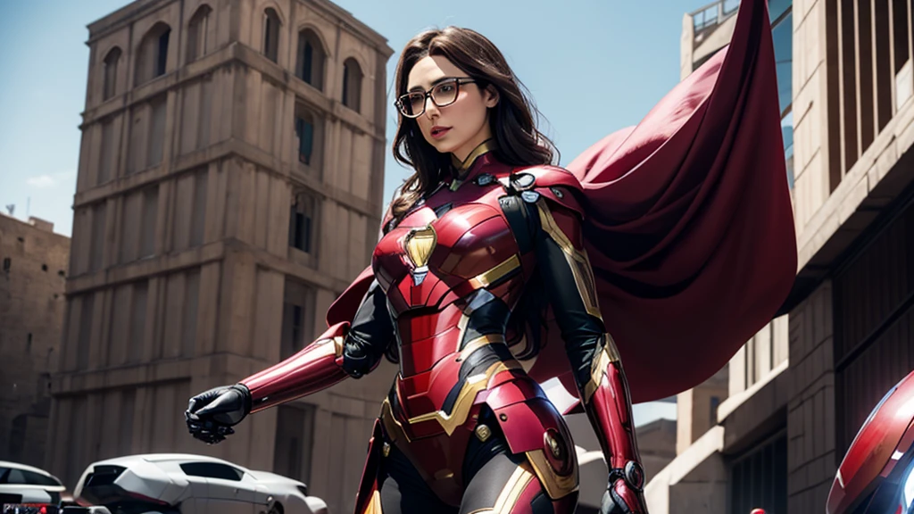 Gal Gadot a hyperrealistic, 25 year old detailed mature woman, DARK hair, fell, nice hair , Red lips, Glasses, Ironman-Costume , War machine; On the battlefield, guapox seins, Slender waist, hourglass figure, black tights , guapo, absolutely breathtaking, Seductive look into the camera,