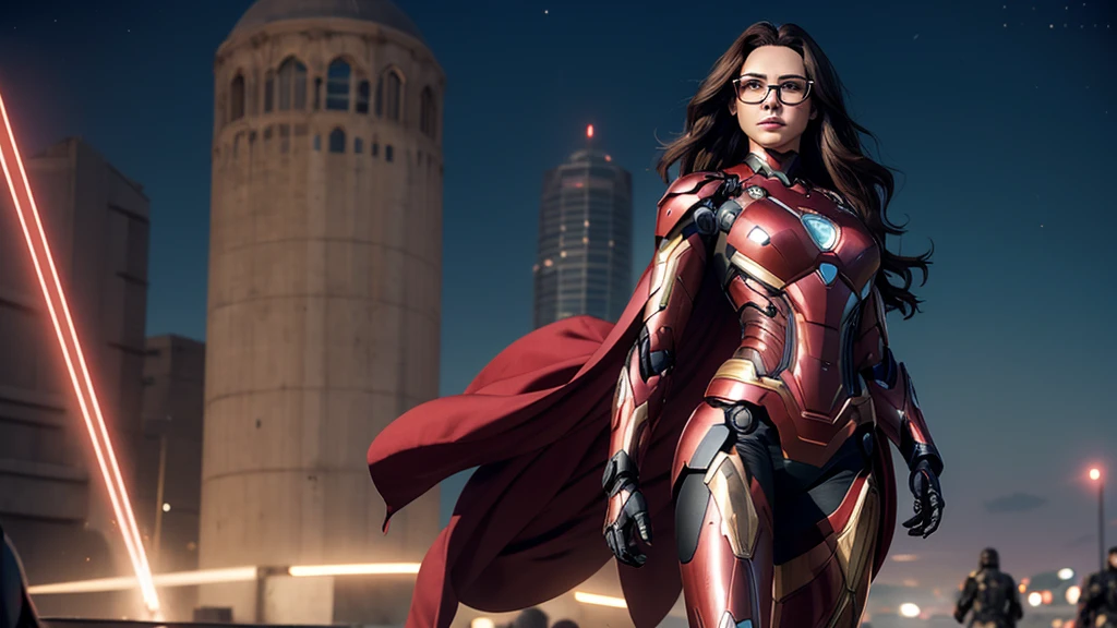 Gal Gadot a hyperrealistic, 25 year old detailed mature woman, DARK hair, fell, nice hair , Red lips, Glasses, Ironman-Costume , War machine; On the battlefield, guapox seins, Slender waist, hourglass figure, black tights , guapo, absolutely breathtaking, Seductive look into the camera,