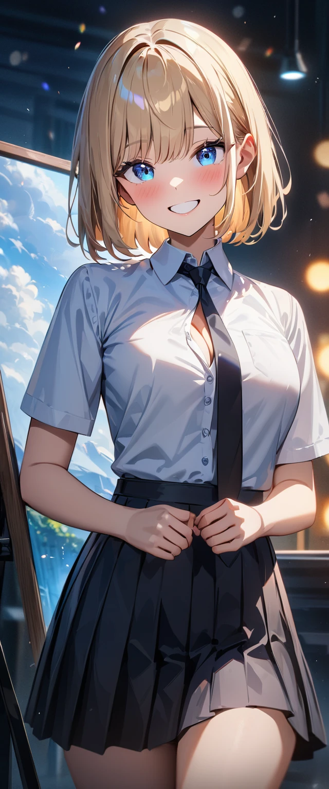 (((One girl))), blond hair, bob cut, (cowboy shot), (looking at viewer), breasts, teenager, head tilt:1.3, (((blue eye))), ((happy smile)), ((full face blush)), school summer uniform, white shirts, black tie, black skirt, cleavage, anime style, (best quality, 4k, 8k, highres, masterpiece:1.2, ultra-detailed, ultra-detailed eyes, HDR, UHD, studio lighting, ultra-fine painting, sharp focus, physically-based rendering, extreme detail description, professional, vivid colors, bokeh)
