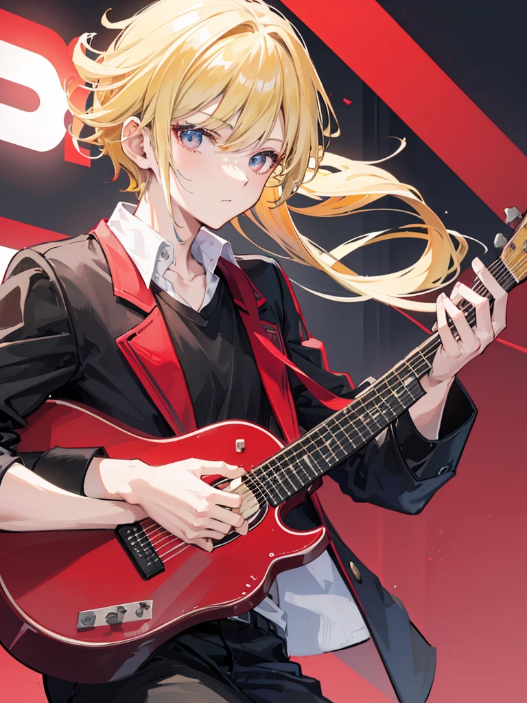 A young man, blonde with side swept hair, wearing a red blazer and a black t-shirt inside, playing guitar in central Tokyo.