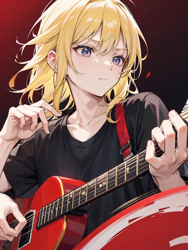 A young man, blonde with side swept hair, wearing a red blazer and a black t-shirt inside, playing guitar in central Tokyo.