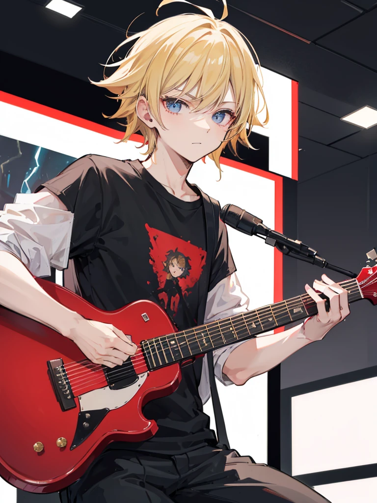 A young man, blonde with side swept hair, wearing a red blazer and a black t-shirt inside, playing guitar in central Tokyo.