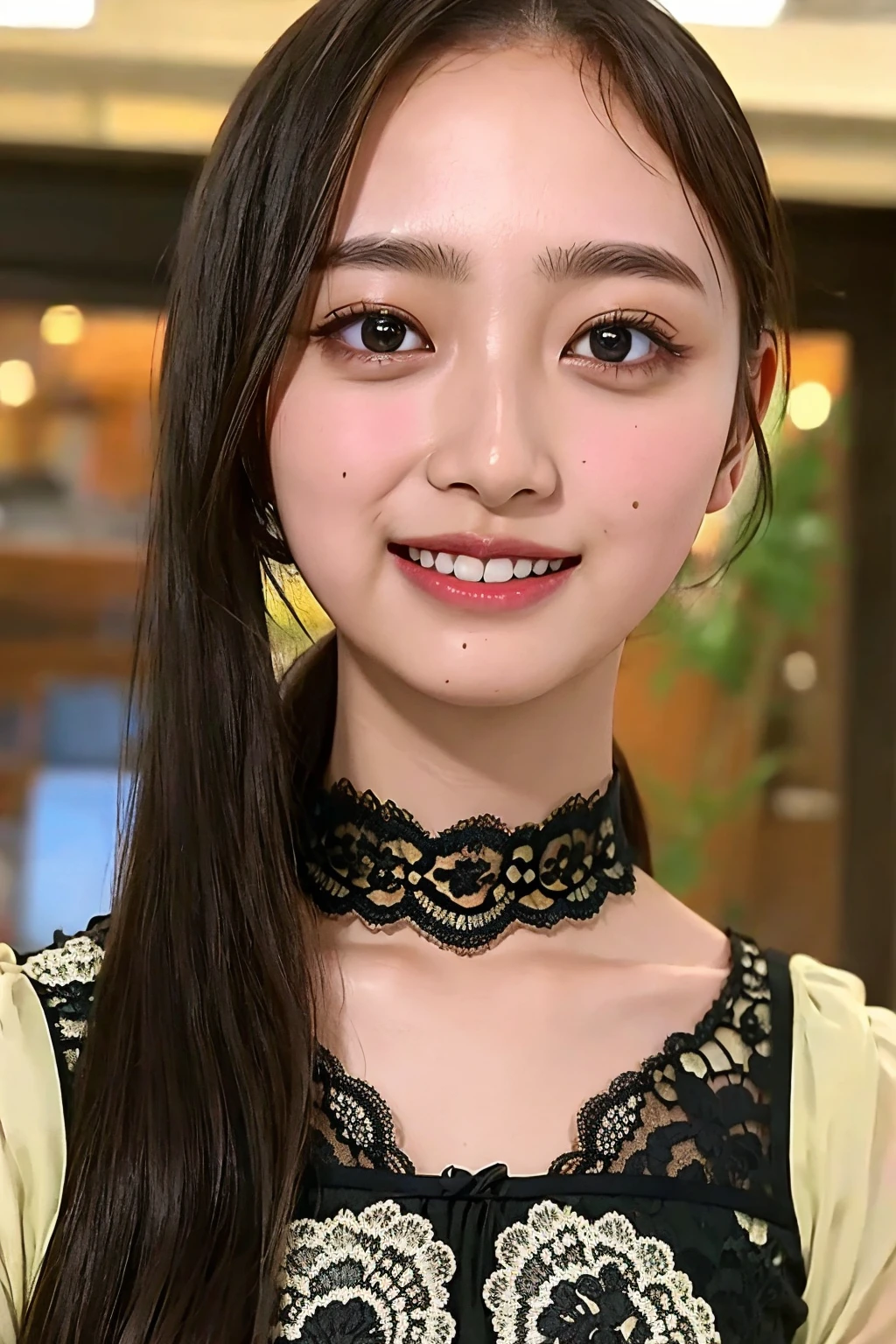Ultra-high resolution,big eyes,((brown eyes)),Japanese,(forehead),(a girl),(1 girl),((17 years old)),(cute),pretty,((facing at viewer)),arms behind back,grin,(((black lace clothes)))