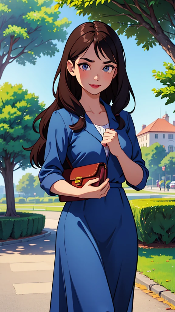 Woman. dark hair. long hair, eyes browns, wearing a blue formal dress, walking in a park, carrying a medium-sized bag with magazines, libero, light pink lipstick, happy looking, holding a bible in his right hand.( Friendly expression on the face), (well-detailed face), sunny day, (ultra detaild) 