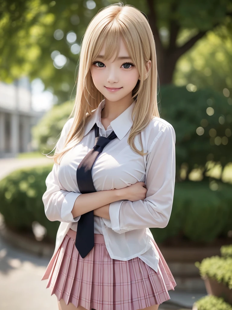 8K, Highest quality, The real picture, Intricate details, Very detailed, Ultra-high resolution, Depth Field,(Realistic,Realistic:1.2),Tabletop , (Full Body Shot) , From the middle , 1 girl, eye_Chan, Very beautiful 17 year old girl, innocent big eyes,、Beautiful breasts:1.5、非常に詳細なeye:1.2)、(Beautiful breasts:1.1)、((Blonde))、(Long Bob Hair), Asymmetrical bangs, Perfect Skin, Fair skin, Small breasts, Tight waist, alone, Staring at the audience, (smile)、((School_uniform), (White shirt、Wear a tie), (Pink checkered pleated micro mini skirt), ((Fold your arms in front of your chest and act arrogantly)), ((楽しそうなsmile)), ((Perfect hand shape))