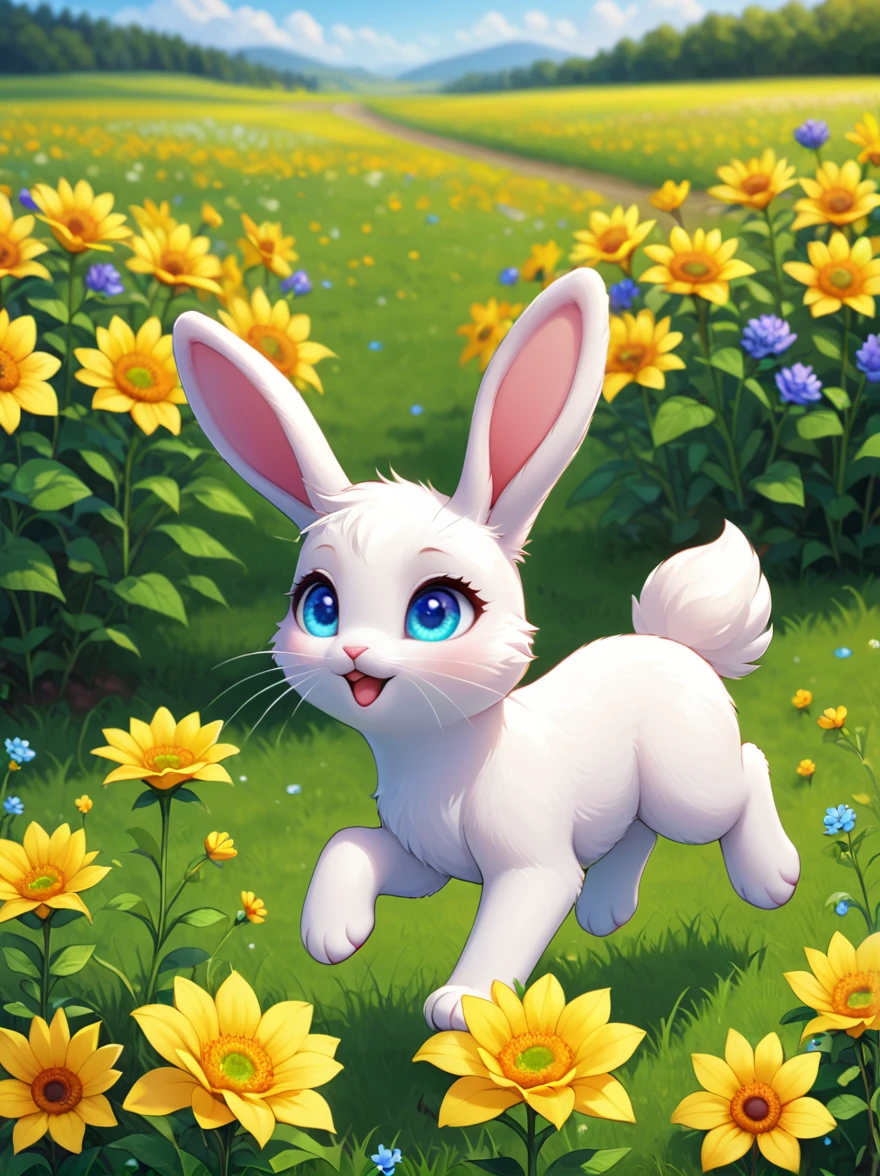 A cute little bunny with white whiskers and bright eyes,Little bunny jumping in a green field with colorful flowers in the background