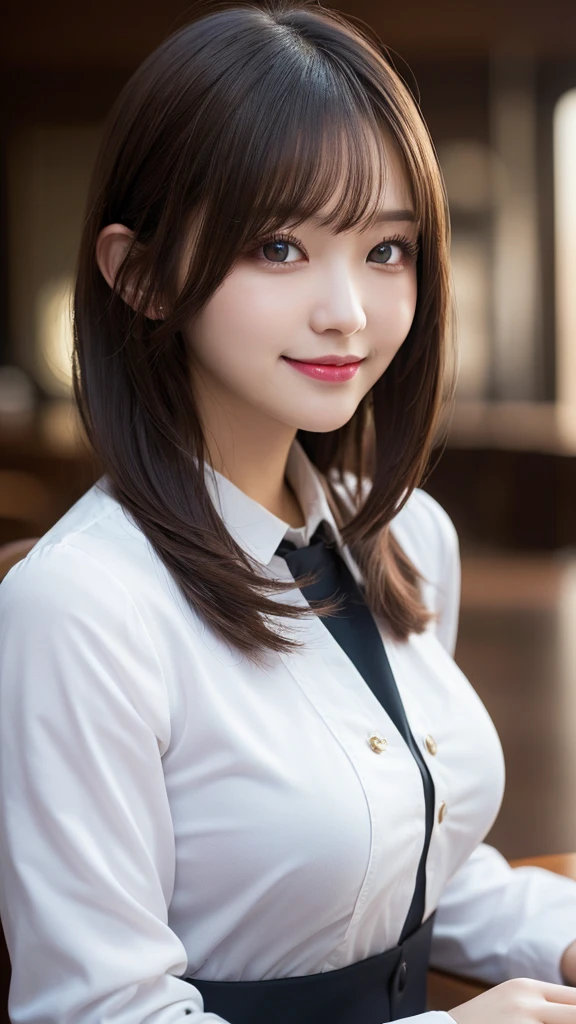 Tabletop, Highest quality, shape, Very detailed, In detail, High resolution, 8k wallpaper, Perfect dynamic composition, Beautiful details, White Magic Academy Uniform, Natural Lip, Big Breasts, ,Asymmetrical Wave Hairstyle, smile